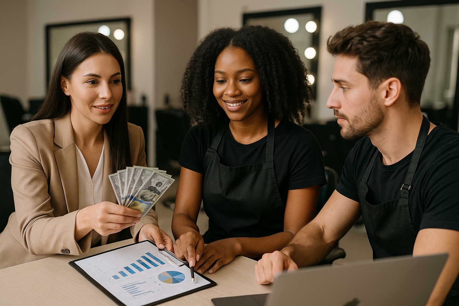 Três pessoas sentadas em uma mesa com um laptop e uma prancheta mostrando um gráfico. Uma pessoa, vestida com um blazer marrom, estende várias notas de dólares americanos para as outras duas, que estão usando aventais pretos e sorrindo.