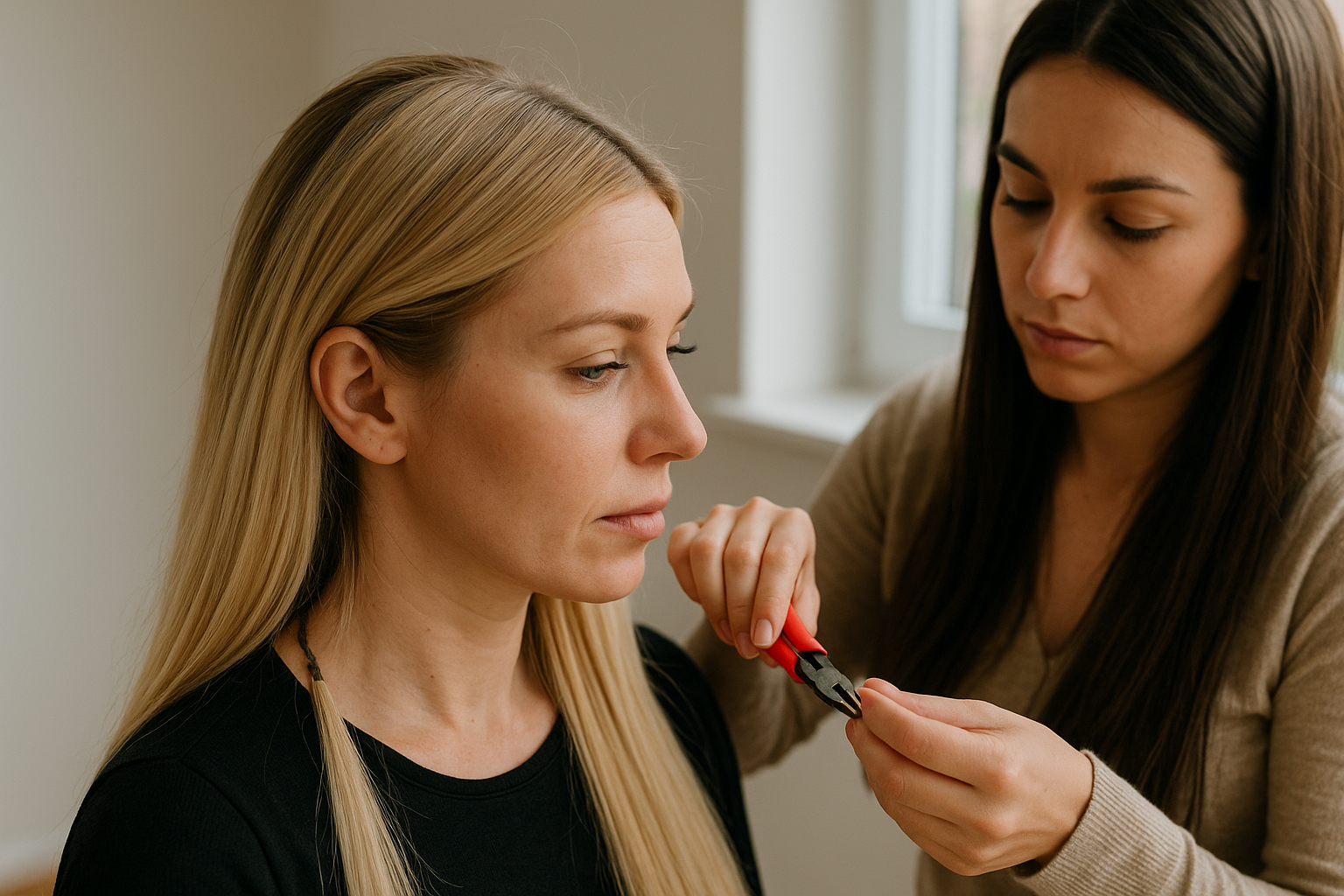 Uma mulher com longos cabelos loiros está sentada de frente para a esquerda, enquanto outra mulher usa um alicate de cabo vermelho perto de seu colar, parecendo ajustá-lo ou consertá-lo. Ambas estão em um ambiente interno próximo a uma janela. Ambas estão em um ambiente interno próximo a uma janela.
