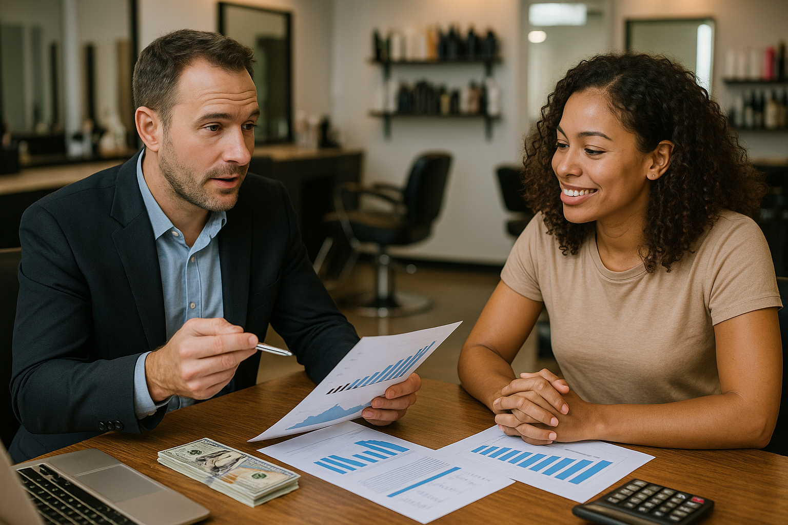 Um homem de terno discute gráficos financeiros com uma mulher de camisa casual em uma mesa. Papéis com gráficos de barras, uma calculadora e dinheiro estão sobre a mesa em um ambiente de escritório moderno.