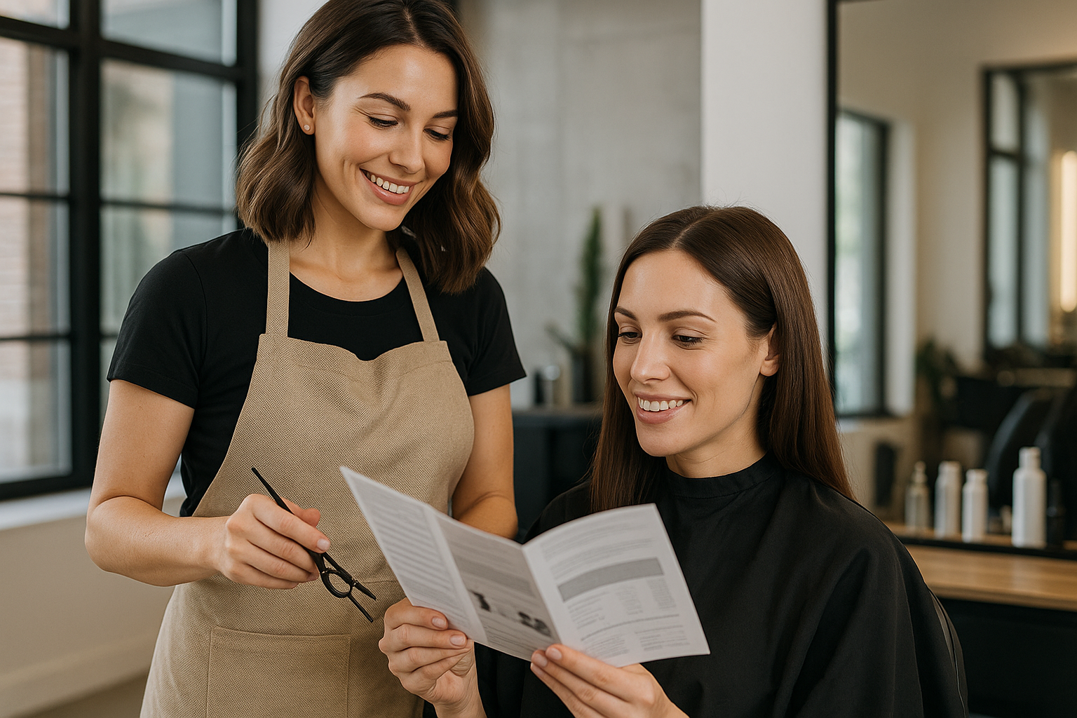 Uma cabeleireira de avental está ao lado de uma cliente sentada que está usando uma capa preta de salão e lendo um folheto. As duas mulheres estão sorrindo em um salão moderno e bem iluminado, com grandes janelas e espelhos.