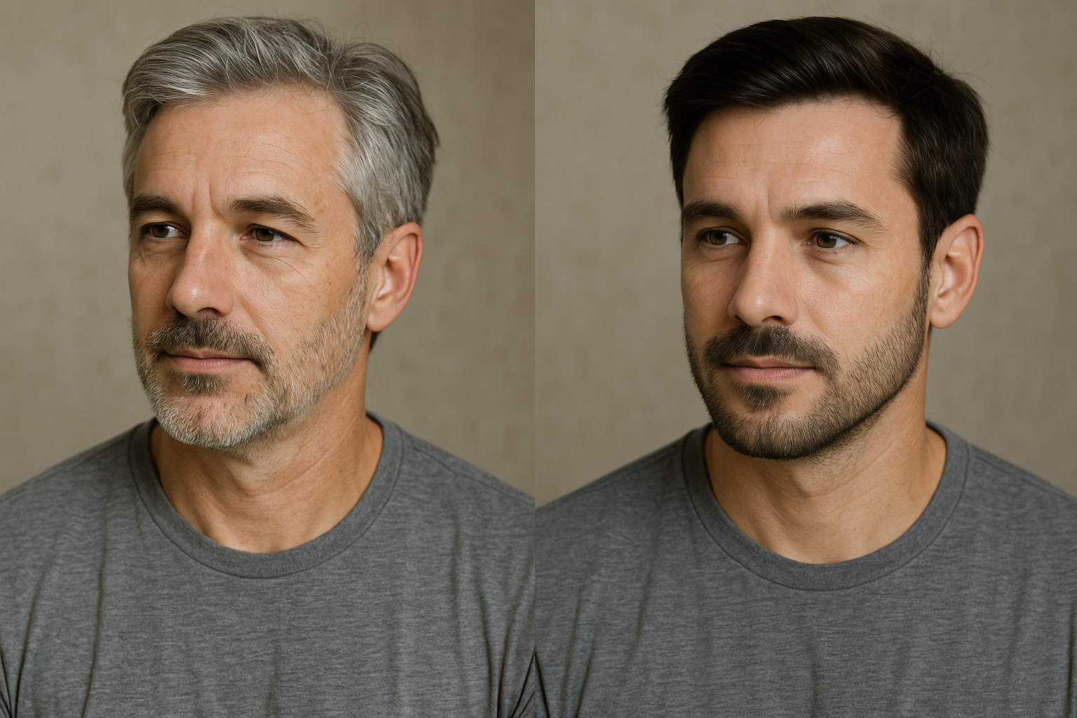 Retratos lado a lado de um homem vestindo uma camiseta cinza. À esquerda, ele tem cabelos grisalhos e uma barba curta e grisalha. À direita, seu cabelo é castanho-escuro e sua barba parece mais escura e um pouco mais arrumada.