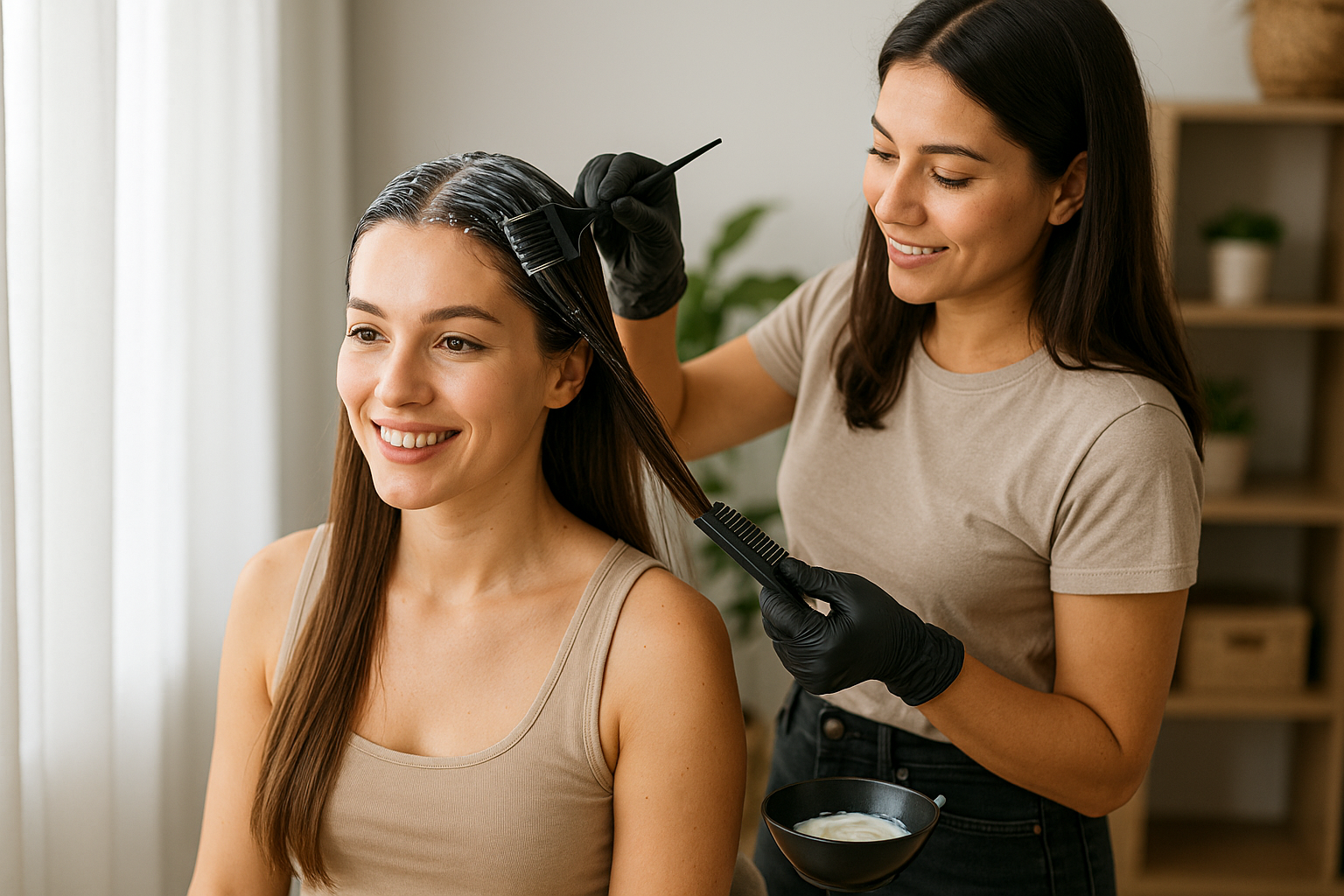 Uma mulher usando luvas pretas aplica tintura de cabelo no cabelo de outra mulher com uma escova. Ambas as mulheres têm longos cabelos castanhos e estão usando blusas bege. O cenário parece ser uma casa com prateleiras e plantas ao fundo.