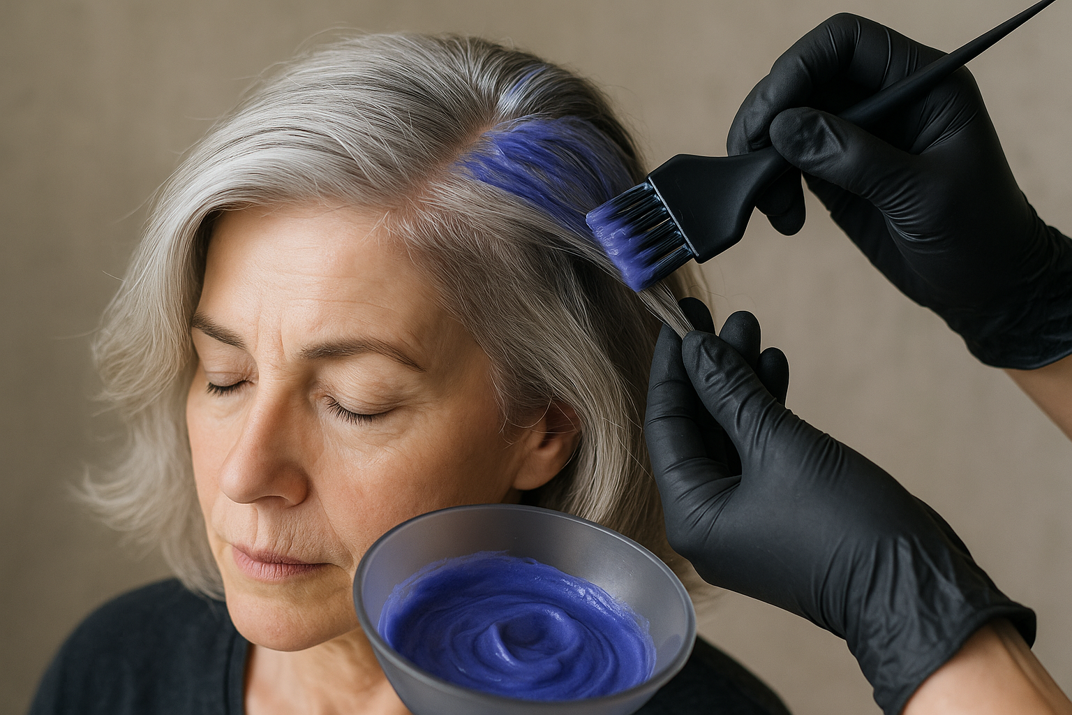 Uma pessoa com cabelos grisalhos está com os olhos fechados enquanto outra pessoa aplica tintura roxa em suas raízes usando um pincel. A pessoa que aplica a tintura está usando luvas pretas e segurando uma tigela de tintura roxa.