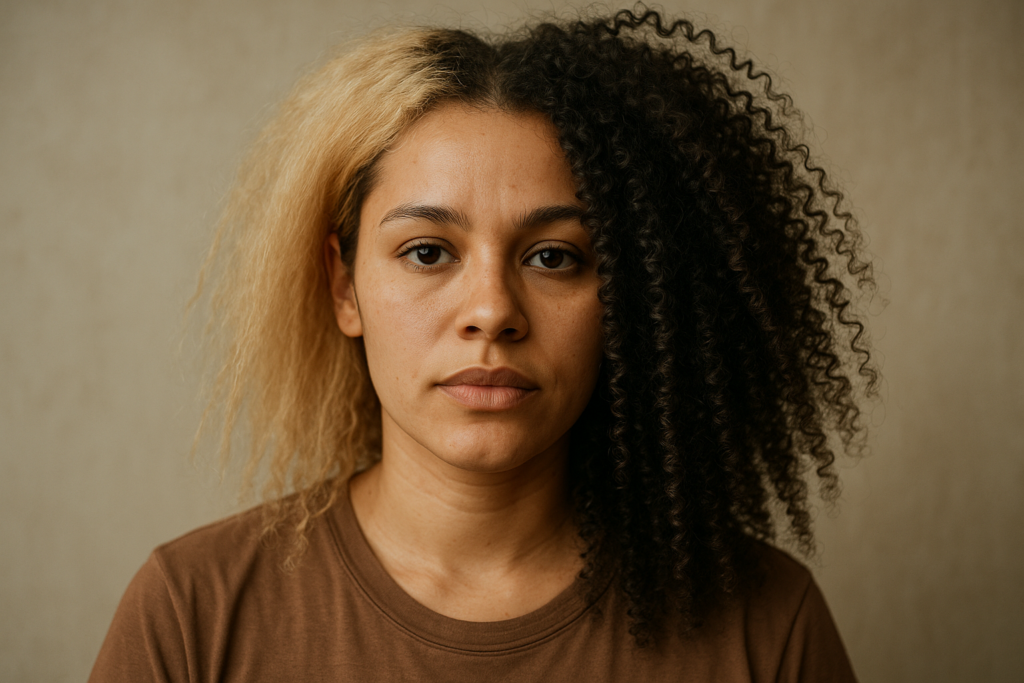 Uma pessoa com cabelos cacheados divididos em duas cores distintas - loiro do lado esquerdo e castanho-escuro do lado direito - olha diretamente para a câmera com uma expressão neutra, vestindo uma camisa marrom contra um fundo liso.