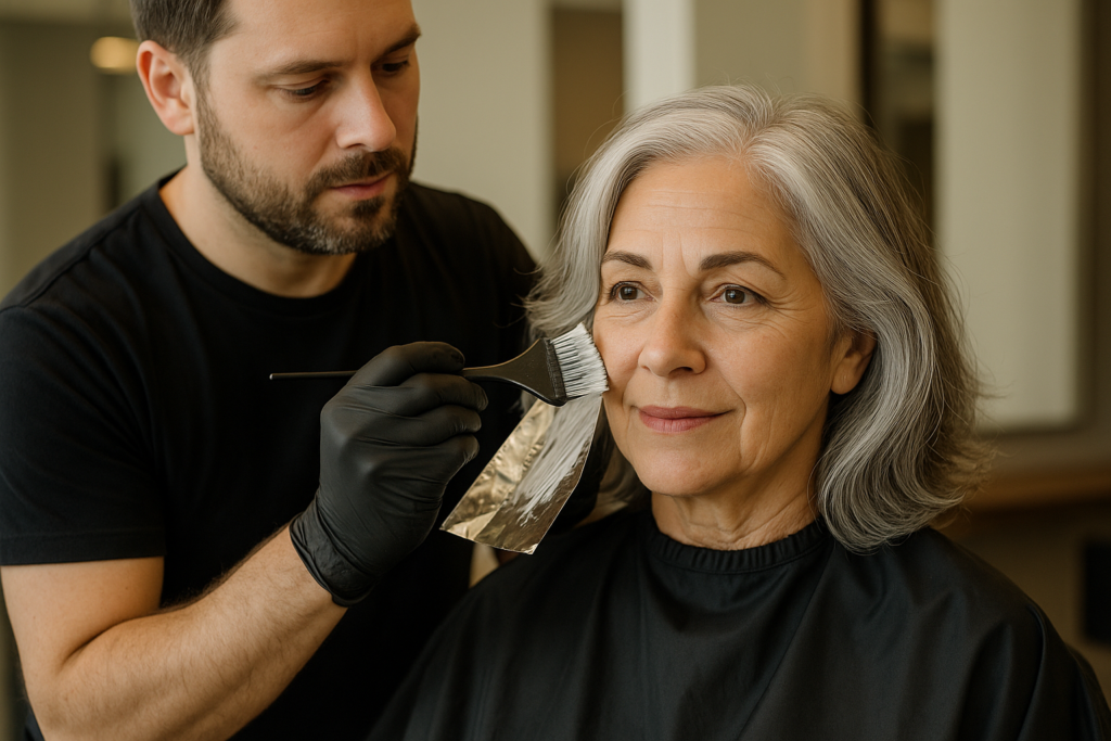 Um cabeleireiro usando luvas pretas aplica tinta no cabelo de uma mulher idosa sorridente com cabelos grisalhos. Ela está sentada em uma cadeira de salão e usa uma capa preta. O interior do salão é visível ao fundo.