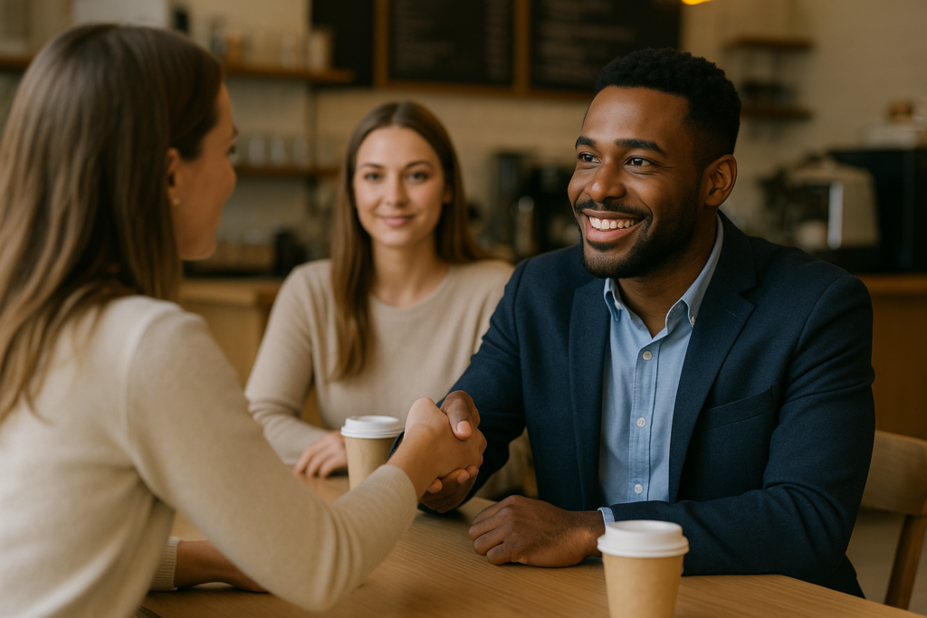 Duas pessoas se sentam à mesa de uma cafeteria, apertando as mãos e sorrindo, enquanto uma terceira pessoa se senta entre elas, observando e sorrindo. Todos têm xícaras de café para viagem sobre a mesa.
