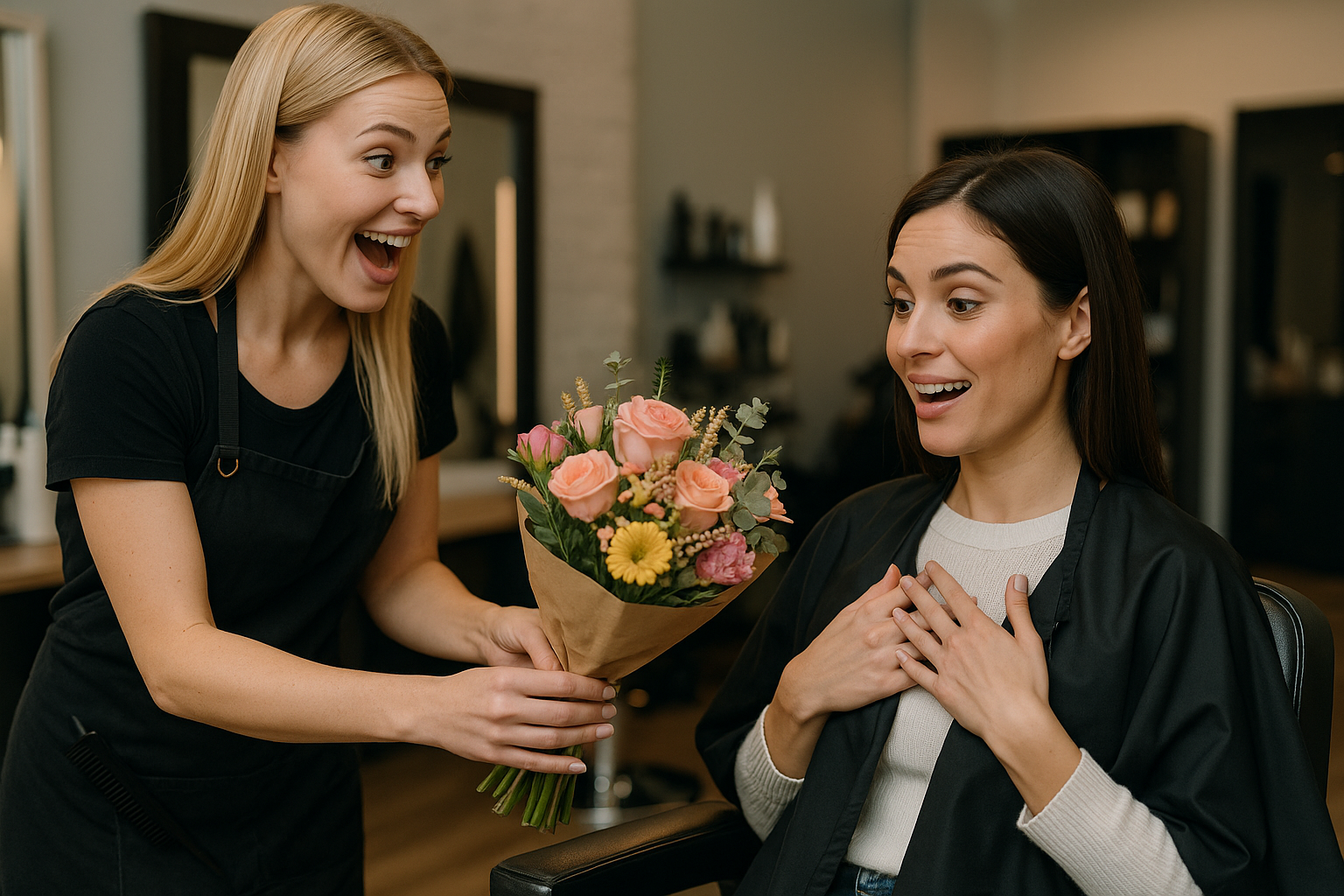 Uma mulher usando um avental entrega um buquê de flores a uma mulher surpresa sentada em uma cadeira de salão com uma capa preta, ambas sorrindo em um salão moderno.