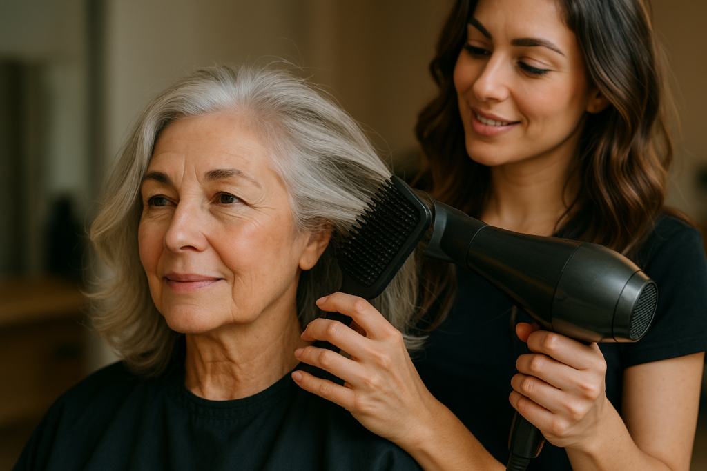 Um cabeleireiro usa um secador de cabelo preto e uma escova para pentear o cabelo grisalho de uma mulher mais velha, que está sentada e usando uma capa preta. Ambas estão em um ambiente interno e o fundo está suavemente desfocado.