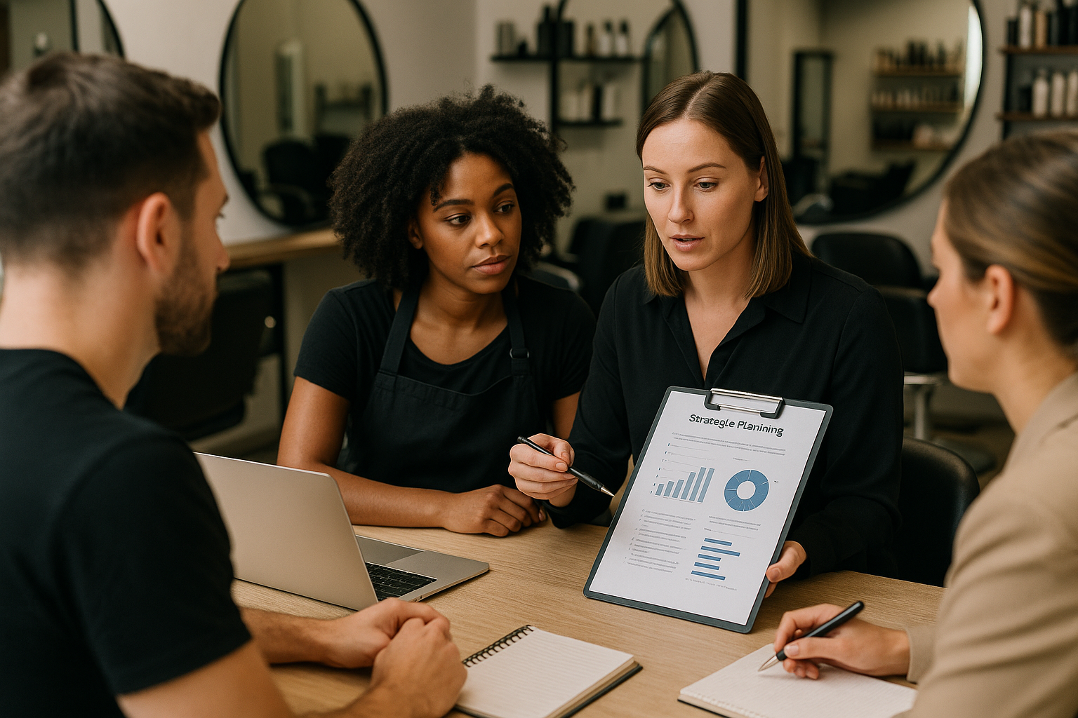 Quatro pessoas se sentam ao redor de uma mesa para conversar. Uma pessoa segura uma prancheta com um quadro de planejamento estratégico com gráficos e um gráfico de pizza. Dois laptops e notebooks estão sobre a mesa.