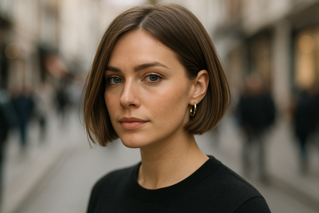 Uma mulher com cabelos castanhos lisos na altura do queixo e brincos de argola de ouro está ao ar livre em uma rua da cidade, olhando calmamente para a câmera. Ela está usando um top preto e o fundo está suavemente desfocado com pessoas caminhando.