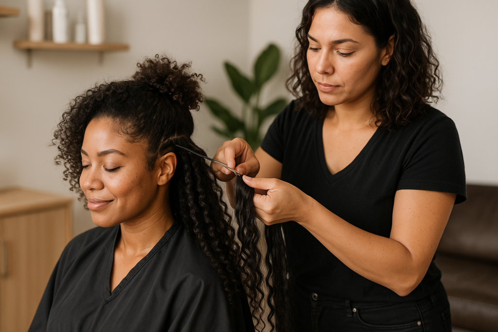 Uma mulher de cabelos cacheados senta-se calmamente enquanto outra mulher está ao seu lado, trançando o cabelo. Ambas estão usando blusas pretas. O cenário parece ser um salão de beleza com decoração neutra e uma planta verde ao fundo.