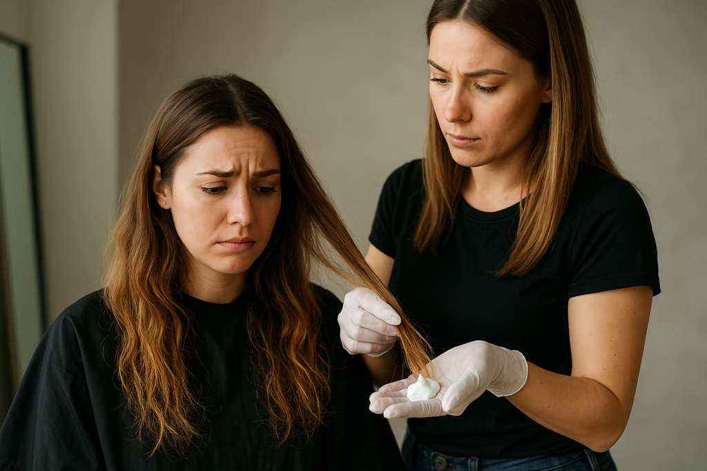 Duas mulheres em um ambiente fechado, uma sentada e parecendo preocupada, enquanto a outra, usando luvas, examina as pontas do cabelo e segura chumaços de algodão na mão. O plano de fundo é neutro e organizado.