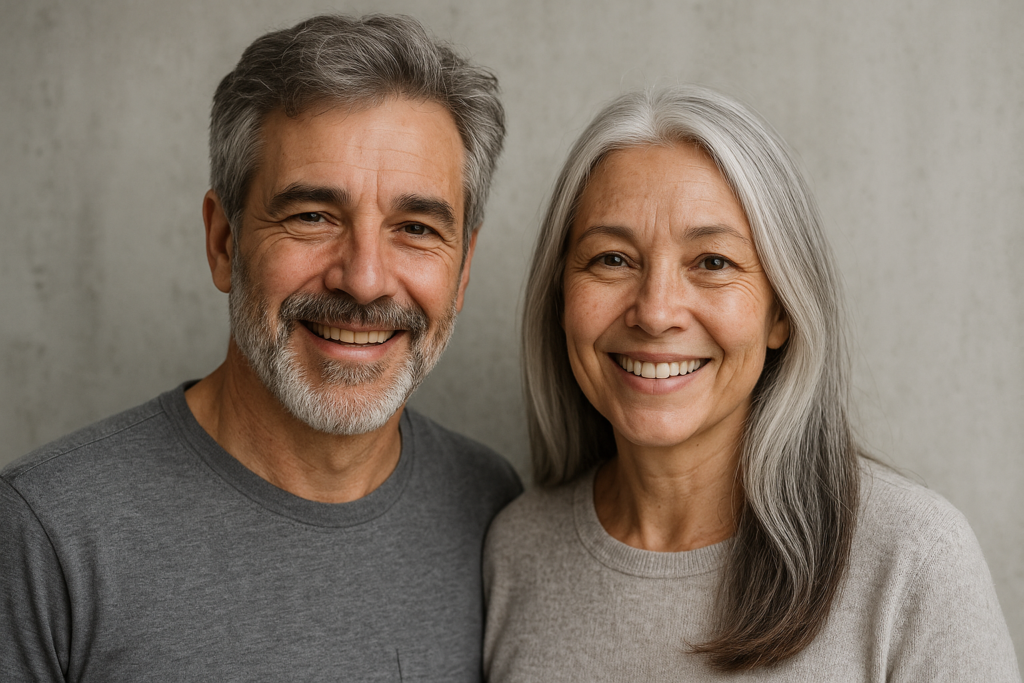 Um homem e uma mulher de meia-idade com cabelos grisalhos sorriem para a câmera, parados juntos em frente a um fundo liso e de cor clara. Ambos estão vestindo blusas casuais de cores neutras.