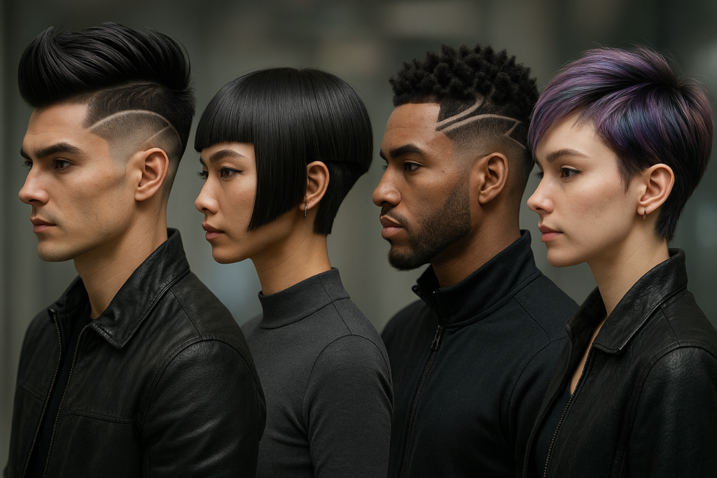 Quatro pessoas estão em uma fileira, cada uma com um penteado moderno e distinto, com desenhos geométricos raspados. Elas usam roupas escuras e olham para frente com expressões neutras em um ambiente interno.