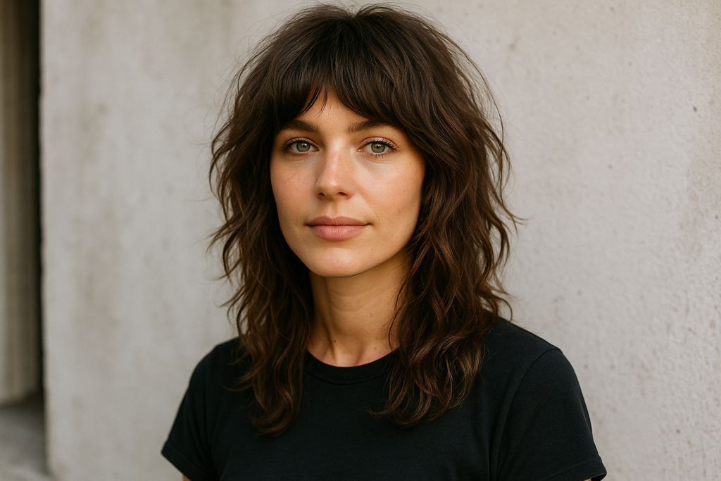 Uma mulher com cabelos castanhos ondulados e franja está de pé contra uma parede lisa de cor clara, vestindo uma camiseta preta e olhando diretamente para a câmera com uma expressão neutra.
