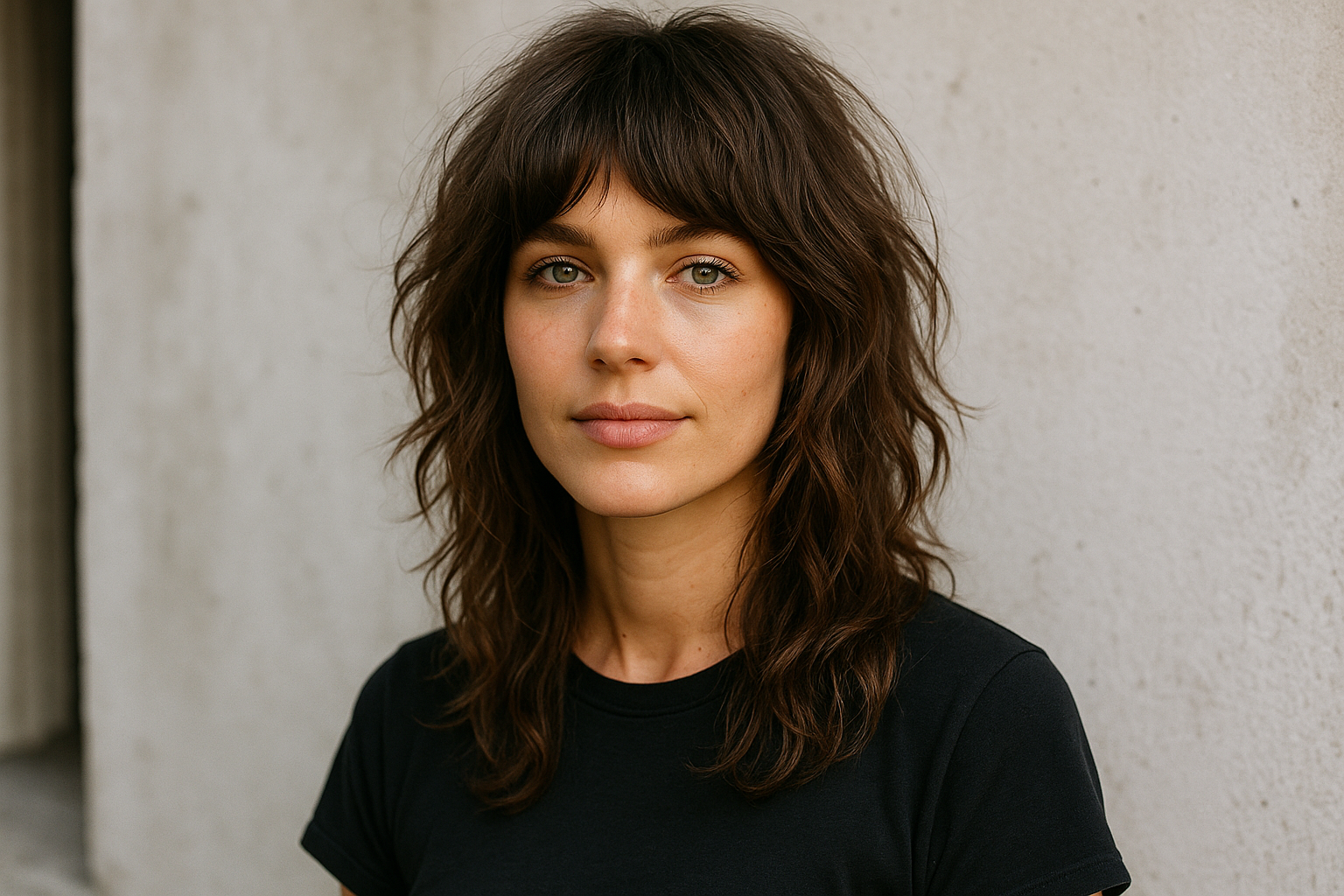 Uma mulher com cabelos castanhos ondulados e franja está de pé contra uma parede lisa de cor clara, vestindo uma camiseta preta e olhando diretamente para a câmera com uma expressão neutra.