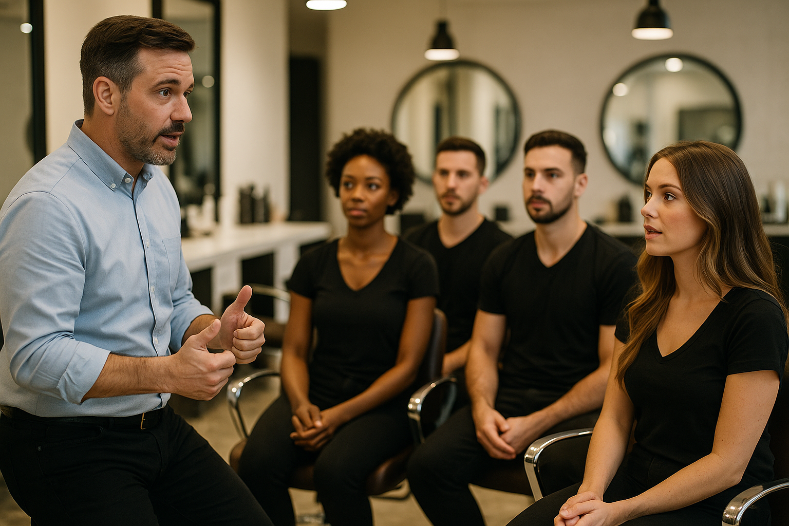 Um homem de camisa azul-clara está de pé e gesticula enquanto fala com quatro adultos sentados, vestidos de preto, em um salão de beleza moderno com grandes espelhos redondos ao fundo.