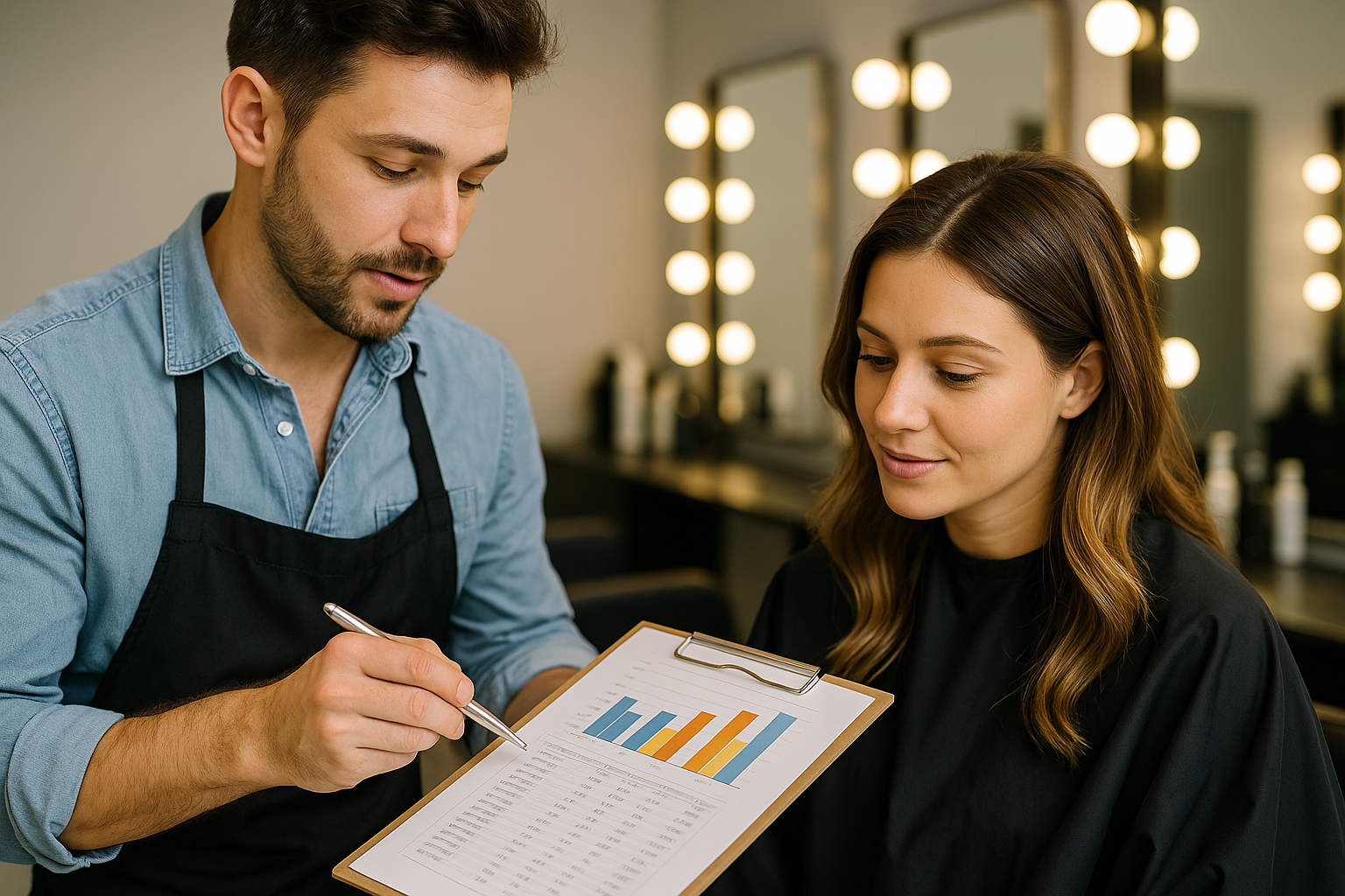 Um homem usando um avental segura uma prancheta com um gráfico de barras e uma folha de dados, explicando-os a uma mulher sentada em um salão de beleza. O fundo mostra espelhos e luzes.