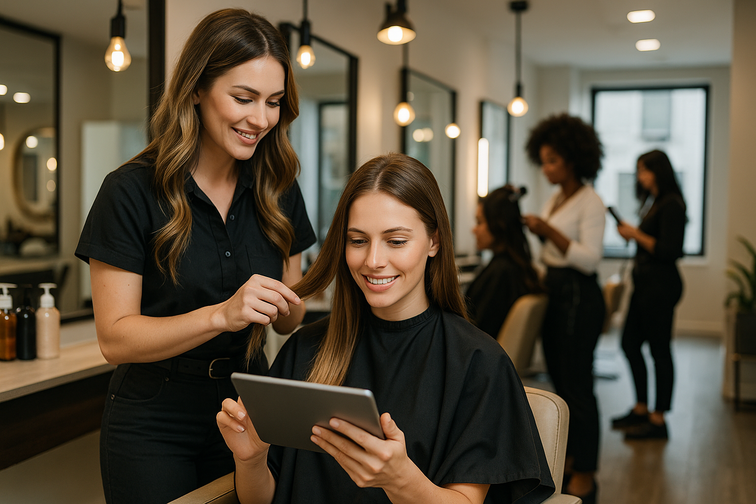 Uma mulher sentada em uma cadeira de salão, usando uma capa preta, sorri enquanto segura um tablet. Um cabeleireiro está ao lado dela, mexendo em seu cabelo. Dois outros clientes e estilistas são visíveis ao fundo.