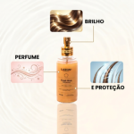 Um frasco de spray do Lizzon Finish Glow é mostrado no centro, com textos explicativos rotulados indicando que ele fornece perfume, brilho e proteção para o cabelo. O plano de fundo é uma superfície leve e ondulada.
