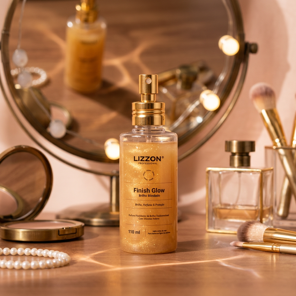 Um frasco de Lizzon Finish Glow fica sobre uma penteadeira de madeira ao lado de pincéis de maquiagem, uma pulseira de pérolas, um frasco de perfume e um espelho redondo com luzes refletidas no fundo.