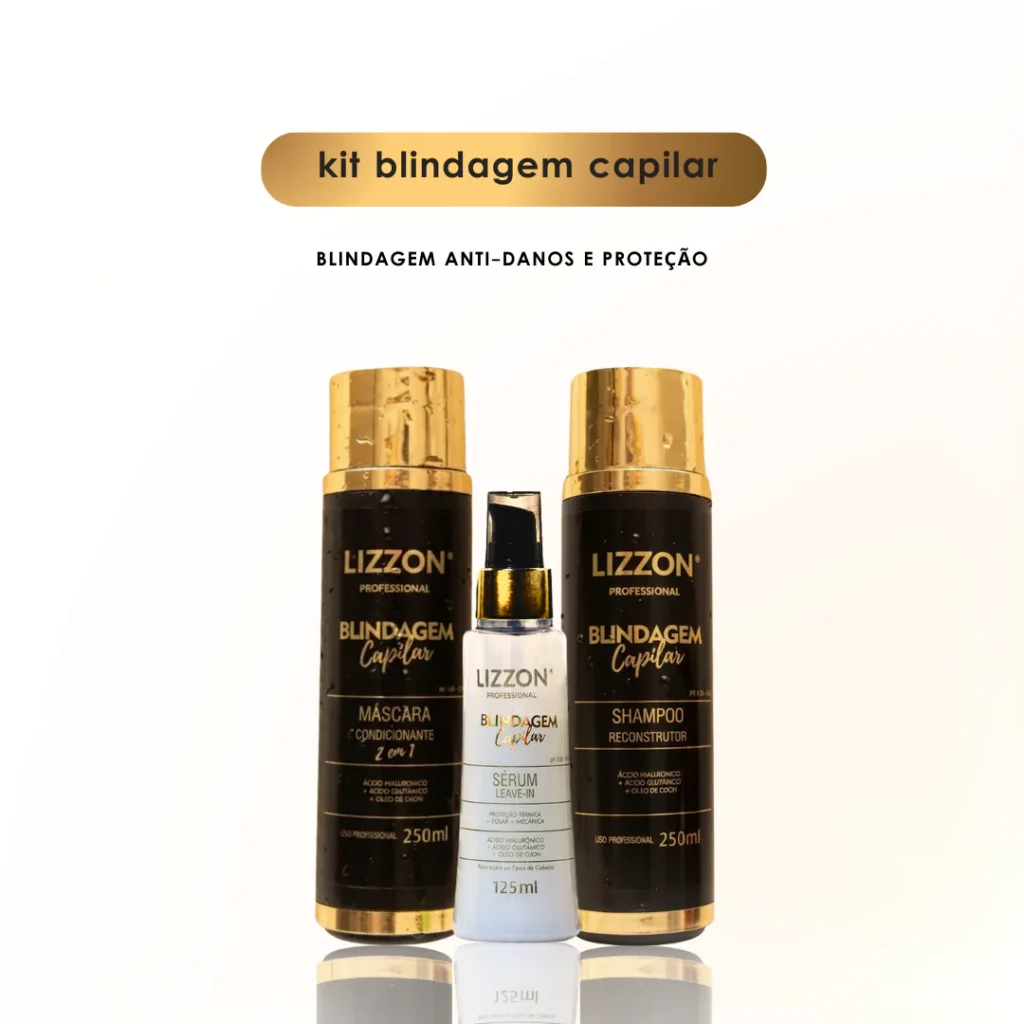 Três produtos para cabelos da Lizzon Professional são exibidos: uma máscara condicionadora 2 em 1, um xampu e um sérum da linha Blindagem Capilar, cada um em uma embalagem dourada e preta contra um fundo branco.