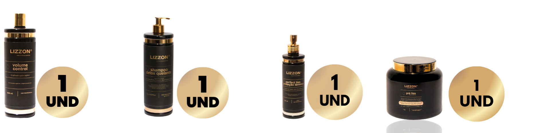 O Kit Liso Blindado + Pré Liss inclui quatro produtos para cuidados com os cabelos - xampu, condicionador, spray e um frasco de máscara capilar - mostrados em uma fileira com círculos dourados rotulados como "1 UND" (uma unidade) em cada um.
