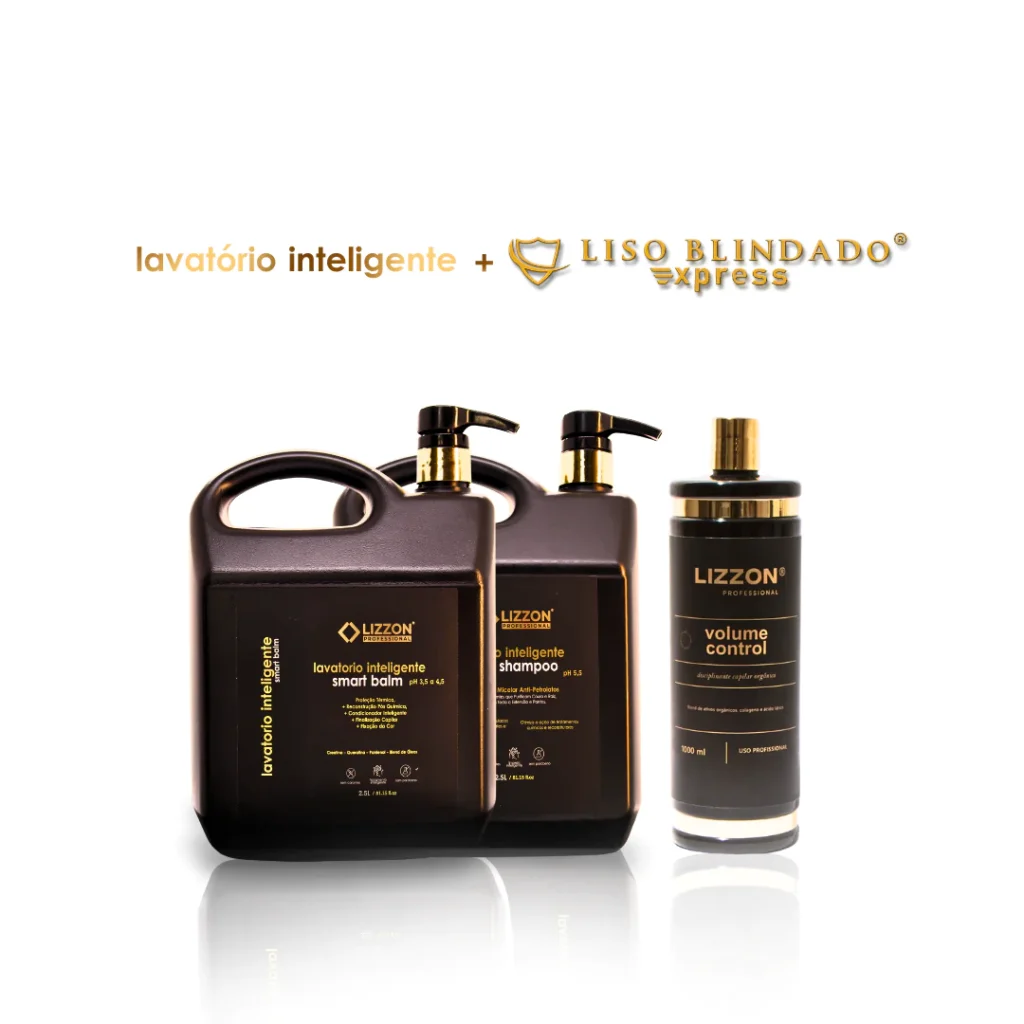 Três produtos de cuidados com os cabelos da Lizzon são exibidos: dois frascos com bomba e um frasco com tampa de rosca, rotulados como lavatório inteligente smart balm, xampu e controle de volume.