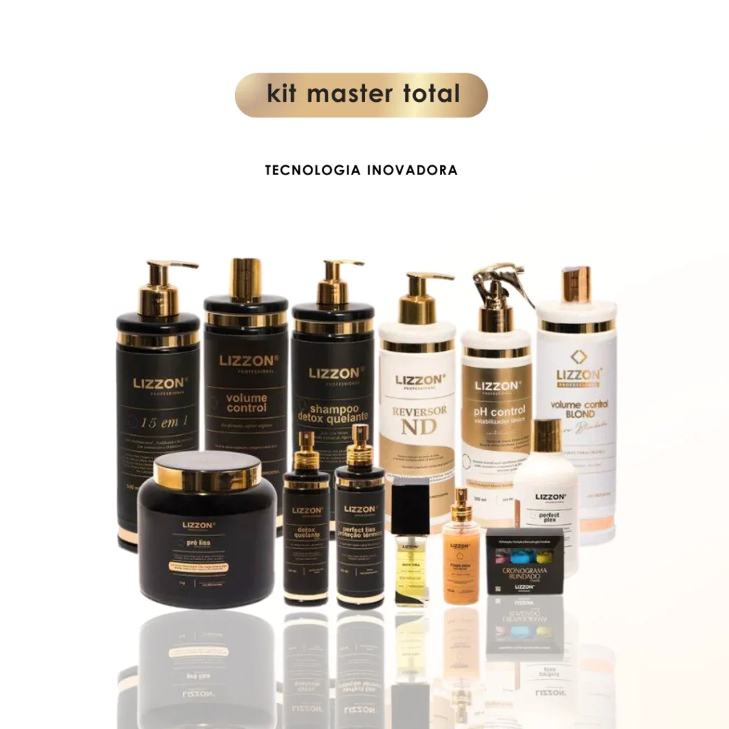 Uma coleção de produtos para cuidados com os cabelos da marca Lizzon, incluindo xampus, condicionadores, óleos e cremes, está disposta em fileiras sobre um fundo branco. O texto acima diz "kit master total" e "TECNOLOGIA INOVADORA".