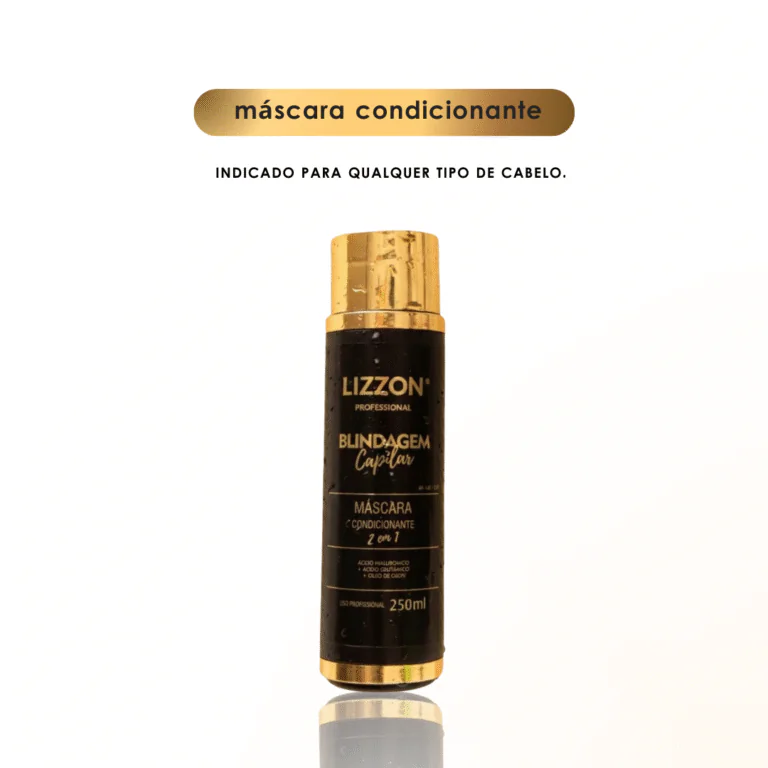 Um frasco de 250 ml de Lizzon Professional Máscara Condicionante Blindagem Capilar é mostrado na posição vertical. O rótulo informa que se trata de uma máscara capilar condicionante adequada para todos os tipos de cabelo.