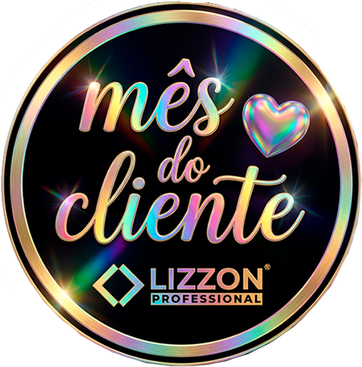 Um crachá circular com uma borda metálica arco-íris e um texto onde se lê mês do cliente com um símbolo de coração, acima do logotipo da Lizzon Professional em um fundo preto.