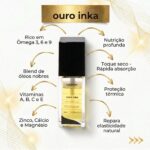 Um frasco de óleo Lizzon Ouro Inka está centralizado em um fundo branco. Ao redor do frasco, há setas douradas apontando para o texto que destaca benefícios como nutrição, rápida absorção, vitaminas, minerais e proteção térmica.