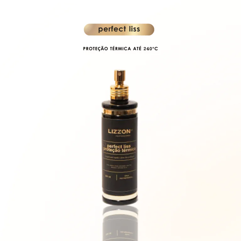 Um frasco de spray preto e dourado com o rótulo Lizzon Perfect Liss Proteção Térmica está centralizado em um fundo branco. O texto acima diz perfect liss e PROTEÇÃO TÉRMICA A 240°C.