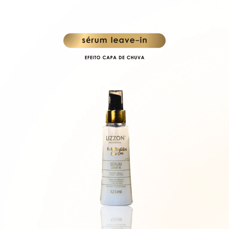 Um frasco de Lizzon Professional Sérum Leave-In Efeito Capa de Chuva, 125 ml, está centralizado em um fundo branco liso com o texto do nome do produto acima dele.