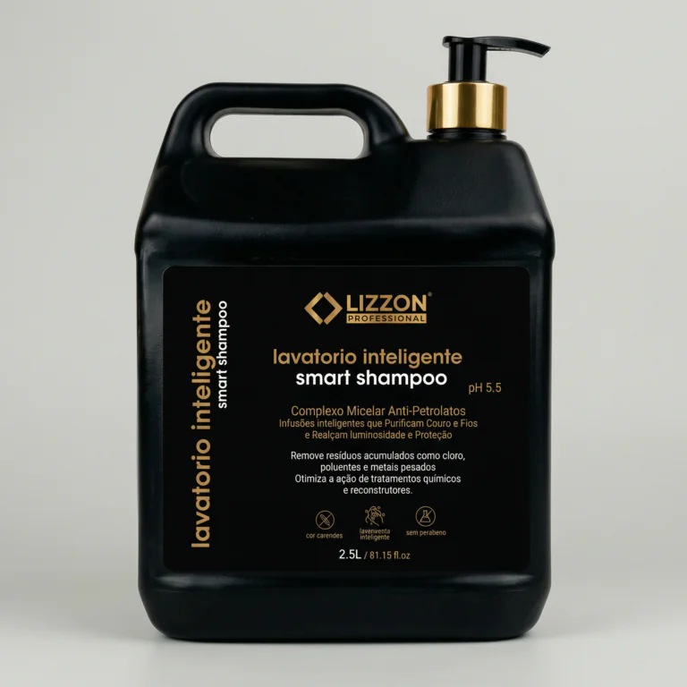 Um frasco preto de 2,5 litros do Lizzon Professional Smart Shampoo com um dispensador de bomba. O rótulo exibe um texto em dourado e branco descrevendo suas características, incluindo o complexo micelar e os benefícios antipoluição.