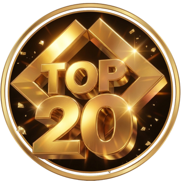 Um emblema redondo com uma borda dourada apresenta as palavras TOP 20 em letras grandes e brilhantes em ouro lizzon, em um fundo preto com formas geométricas e brilhos dourados.