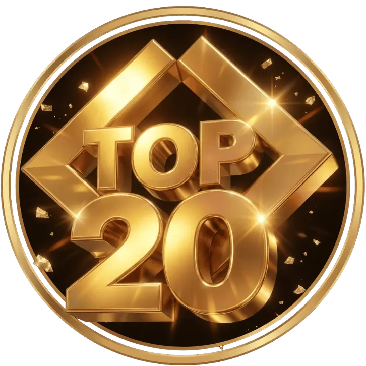 Um emblema redondo com uma borda dourada apresenta as palavras TOP 20 em letras grandes e brilhantes em ouro lizzon, em um fundo preto com formas geométricas e brilhos dourados.