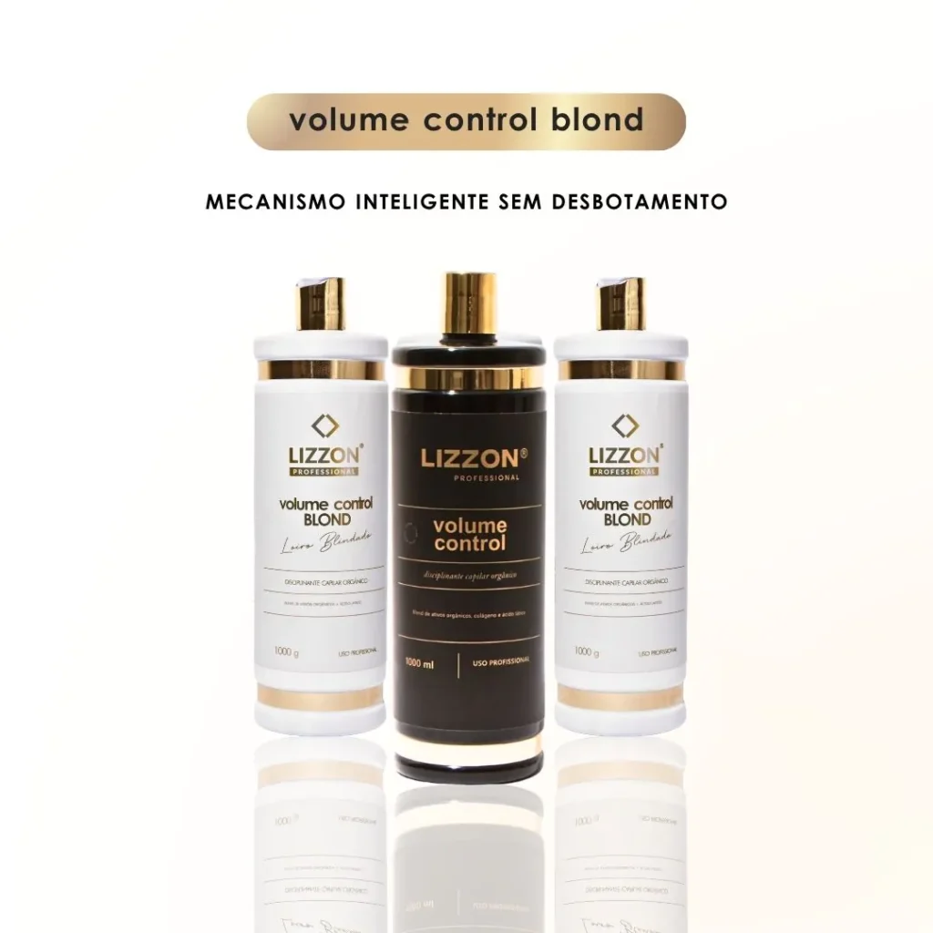 Três frascos de produtos para cabelo da Lizzon Professional são exibidos na vertical. O frasco central é preto e dourado, rotulado como controle de volume, enquanto os dois frascos brancos de cada lado são rotulados como controle de volume loiro. O texto aparece acima dos produtos.