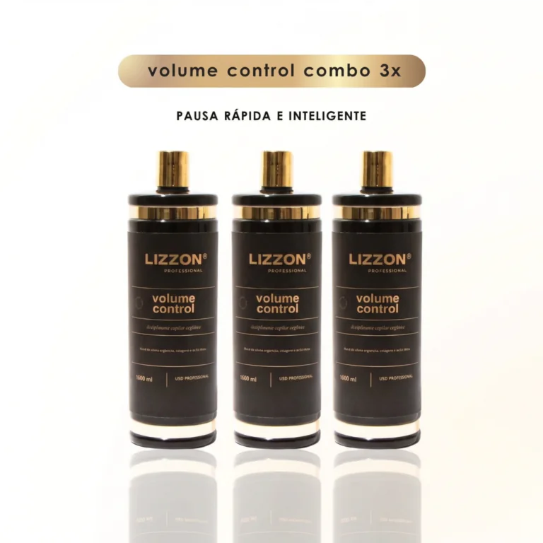 Três frascos de Lizzon Professionals Volume Control são exibidos na vertical em um fundo branco. O rótulo diz controle de volume e cada frasco tem uma tampa dourada. O texto acima diz controle de volume combinado 3x.