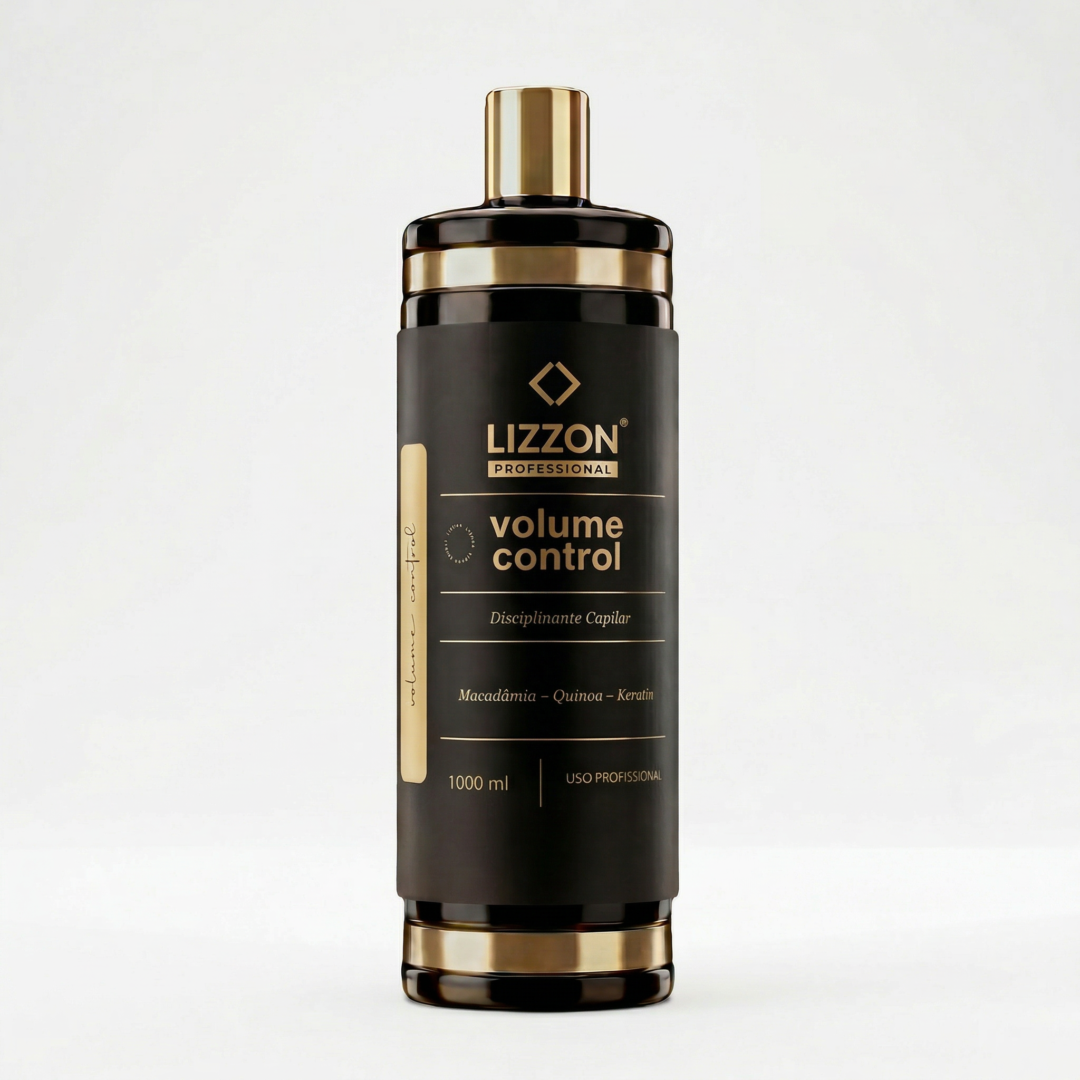 Um frasco preto e dourado do produto para cabelos Lizzon Professional Volume Control, rotulado com os ingredientes macadâmia, quinoa e queratina. O frasco contém 1.000 ml e é destinado ao uso profissional.