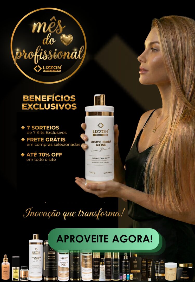 Uma mulher com longos cabelos loiros segura um frasco grande de produto para cabelo da Lizzon Professional. A imagem promove benefícios como brindes exclusivos, frete grátis e até 70% de desconto, com vários produtos Lizzon exibidos na parte inferior.
