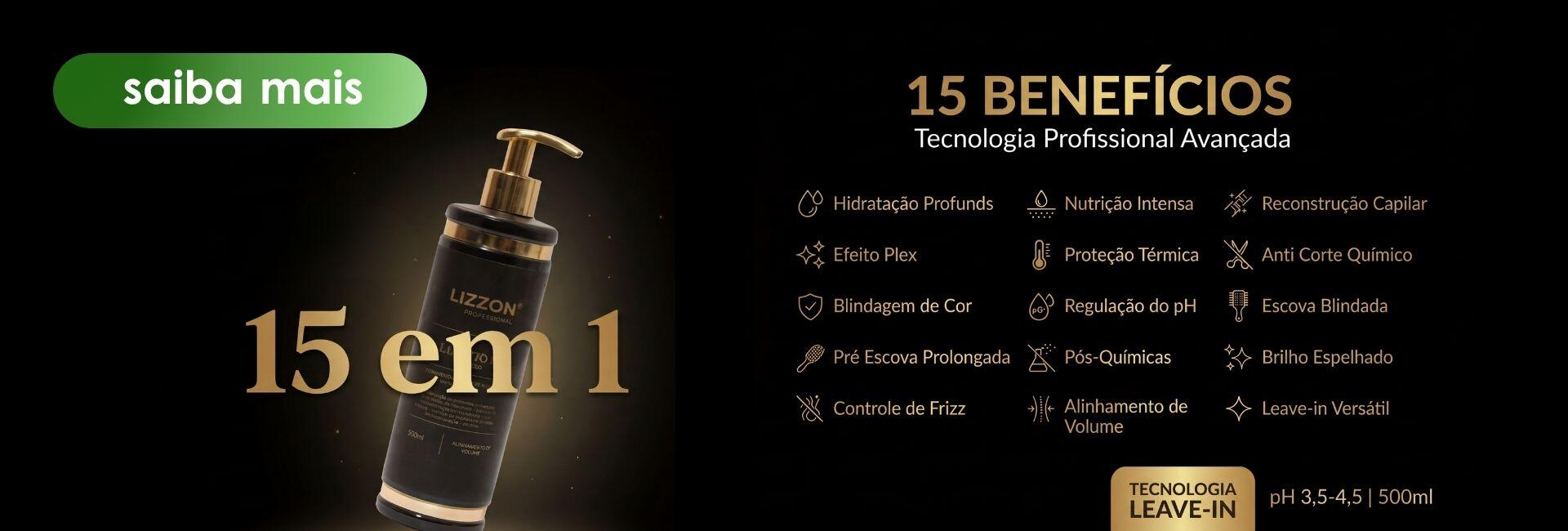 Propaganda em preto e dourado do produto leave-in para cabelos Lizzon, apresentando um frasco com uma bomba e uma lista de 15 benefícios, como hidratação, proteção da cor e controle do frizz, em um fundo preto.
