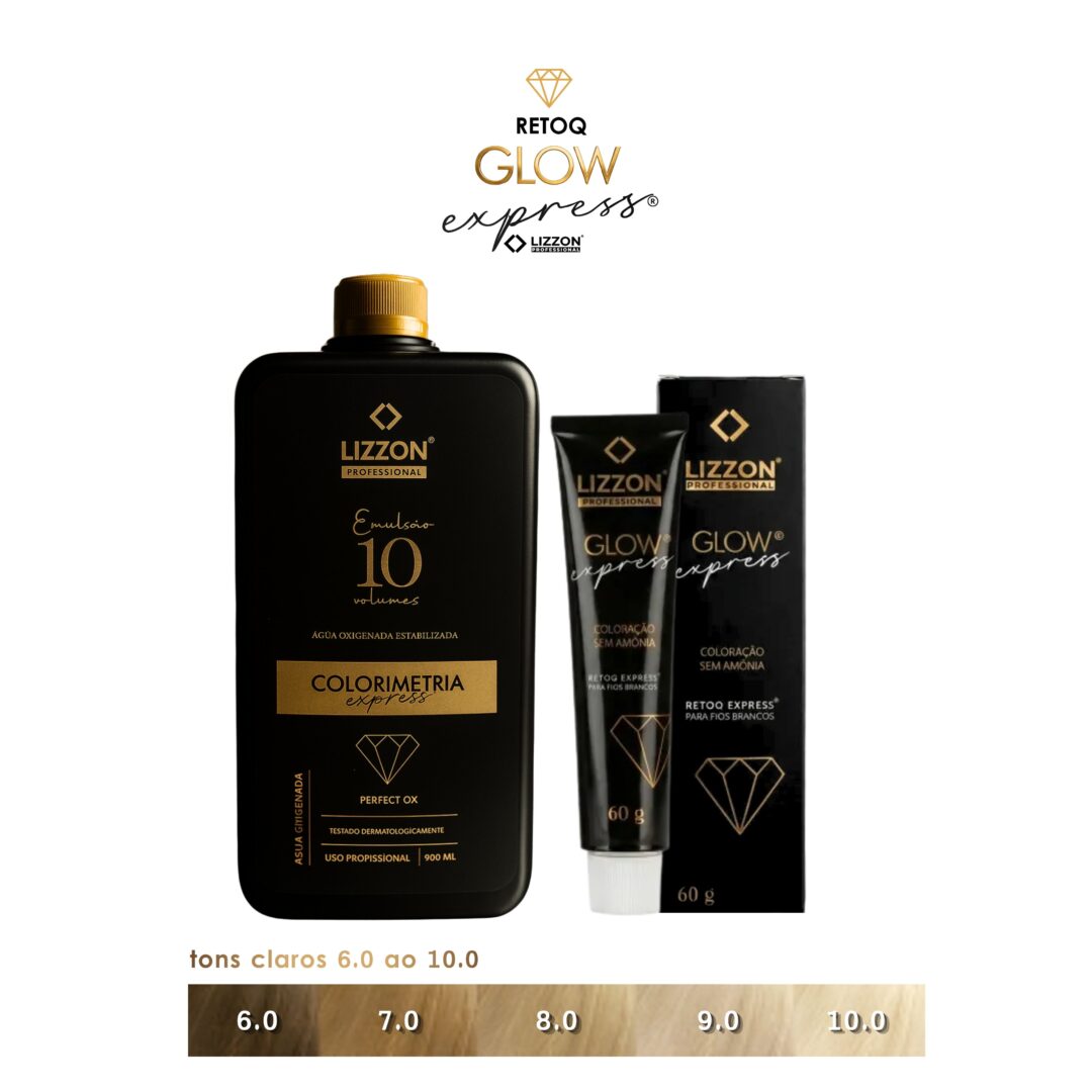 Um frasco preto de "Lizzon Emulsão 10 volumes" fica ao lado do Kit Retoq Express Tons Claros 6.0 a 10.0 - caixa preta e tubo com o rótulo "Lizzon Glow Express". Uma escala de cores abaixo mostra tons de cabelo de 6,0 a 10,0, ideais para tons claros.
