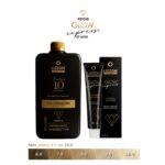 Um frasco preto de "Lizzon Emulsão 10 volumes" fica ao lado do Kit Retoq Express Tons Claros 6.0 a 10.0 - caixa preta e tubo com o rótulo "Lizzon Glow Express". Uma escala de cores abaixo mostra tons de cabelo de 6,0 a 10,0, ideais para tons claros.