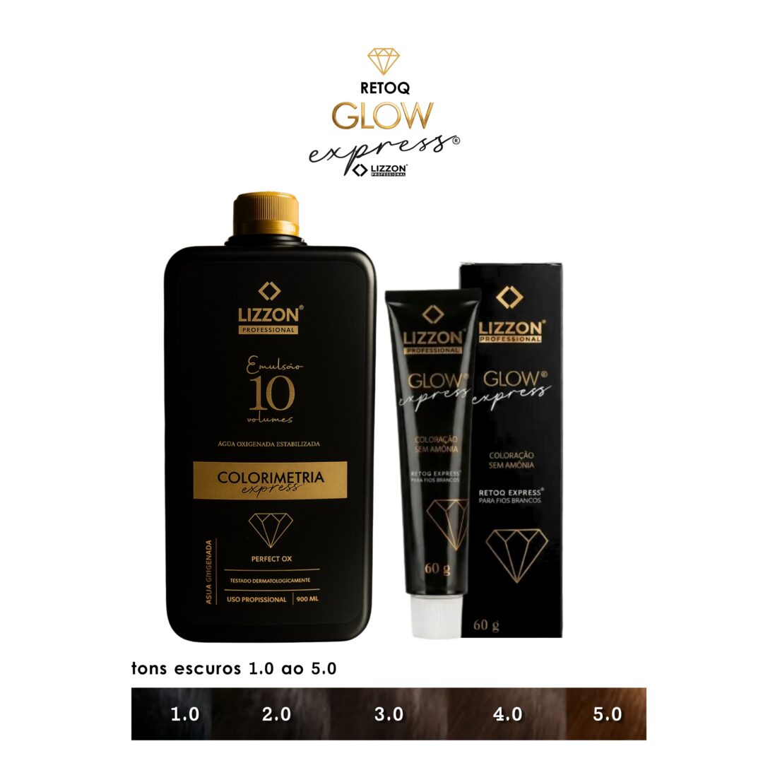 Um frasco preto e uma caixa do Kit Retoq Express Tons Escuros 1.0 a 5.0 são mostrados com uma tabela de cores abaixo, exibindo cinco tons de marrom escuro rotulados de 1.0 a 5.0.