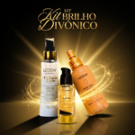 O Kit Brilho Divônico é exibido em um fundo preto e dourado radiante com efeitos cintilantes, mostrando sua fórmula exclusiva de aumento de brilho. O texto superior diz "Kit Brilho Divônico".