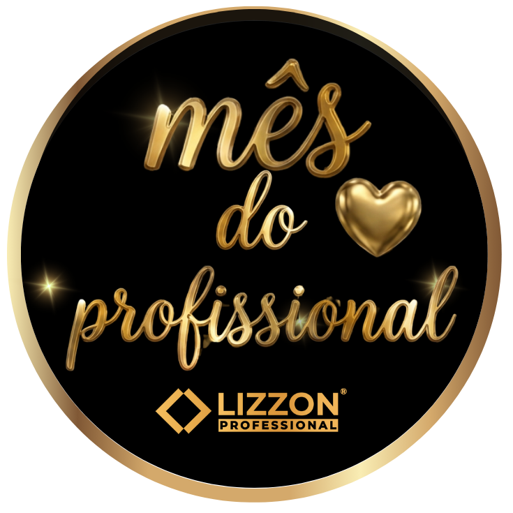 Um emblema circular com fundo preto e borda dourada exibe as palavras mês do profissional em escrita dourada com um símbolo de coração. Abaixo está o elegante logotipo da Lizzon Professional em dourado.