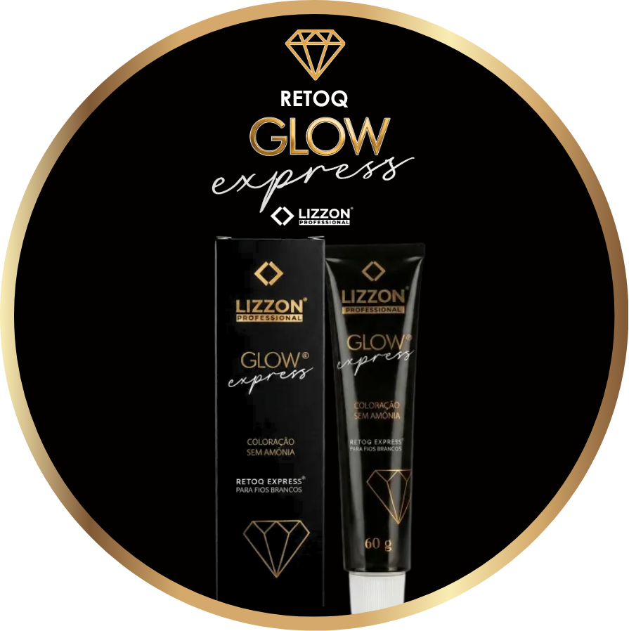 Um tubo preto com o rótulo "Lizzon Profissional Glow Express" fica ao lado de sua caixa correspondente, ambas com texto e gráficos em diamante dourado. A elegante embalagem do Lizzon apresenta um fundo preto, borda dourada e letras douradas e brancas impressionantes.