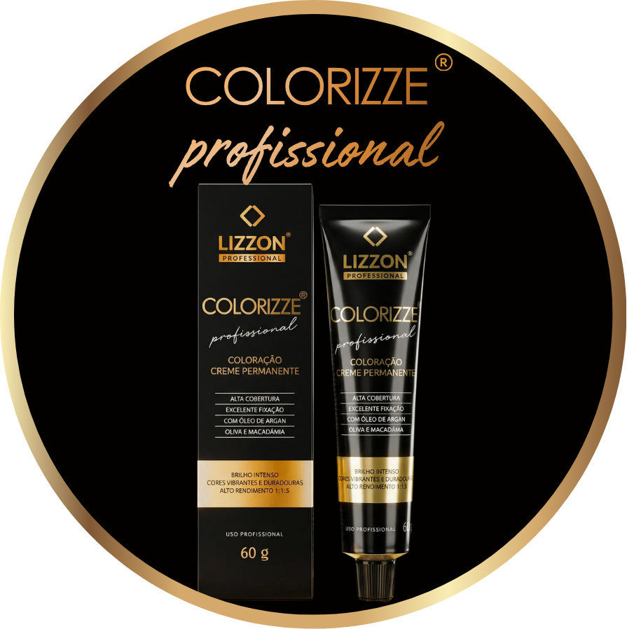 Um tubo e uma caixa do creme para coloração capilar Lizzon Professional Colorizze Permanente são exibidos em um fundo branco com uma moldura circular preta e dourada, mostrando a elegante embalagem da Lizzon em preto com detalhes e texto dourados.