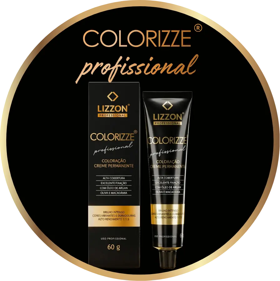 Um tubo e uma caixa do creme para coloração capilar Lizzon Professional Colorizze Permanente são exibidos em um fundo branco com uma moldura circular preta e dourada, mostrando a elegante embalagem da Lizzon em preto com detalhes e texto dourados.